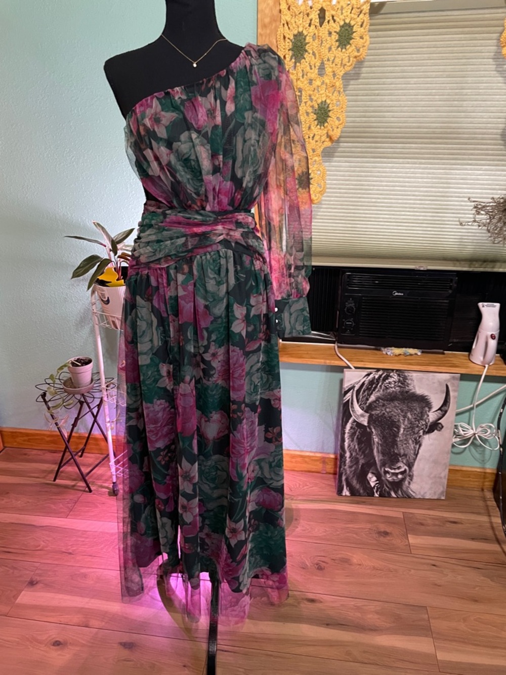 One-Shoulder Floral Maxi Dress in Dark Green and Magenta